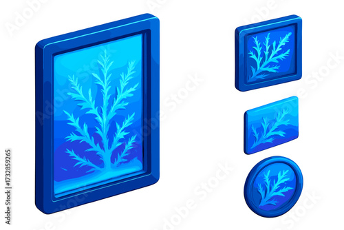 Frosty Window Crystals. Isometric vector illustration set Frost Crystal on Window Pane: detailed frost patterns forming on glass,