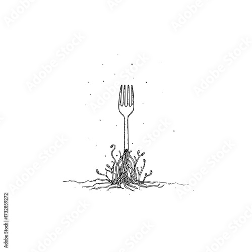A single fork standing upright with roots and sprouts in a black and white surreal illustration style
