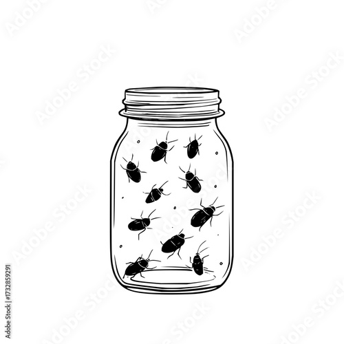 A sketch of a glass mason jar filled with numerous black beetle insects on a white background illustration
