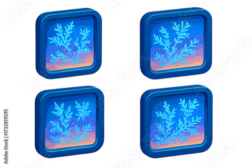 Frosty Window Crystals. Isometric vector illustration set Frost Crystal on Window Pane: detailed frost patterns forming on glass,