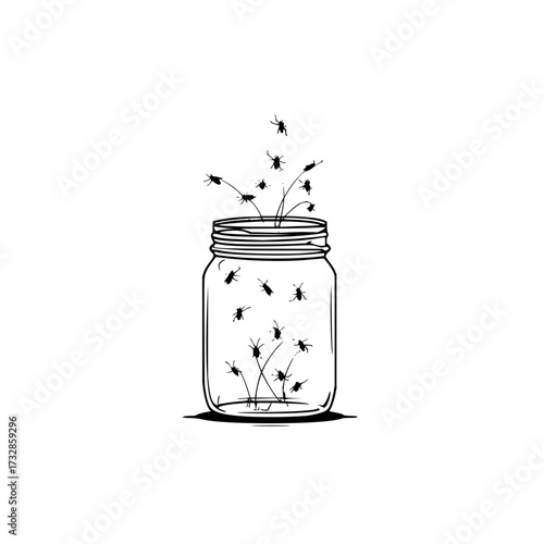 Illustration of a mason jar containing several insects with some escaping into the air above it