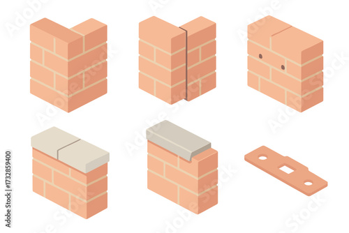 Isometric Brick Wall Icons. Isometric vector illustration set Brick Wall Features and Details: corner joint close-up, expansion