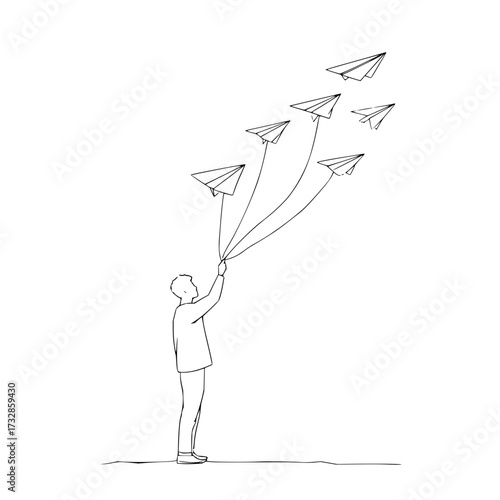 A person holding several paper airplanes with strings attached to them in a simple line drawing style
