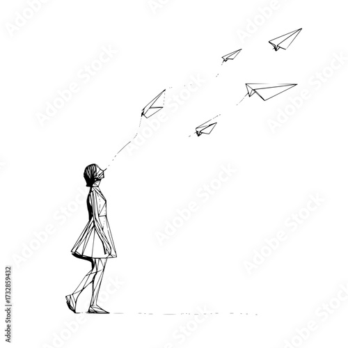 A woman in a dress looking up at paper airplanes flying in the sky in a black and white sketch style