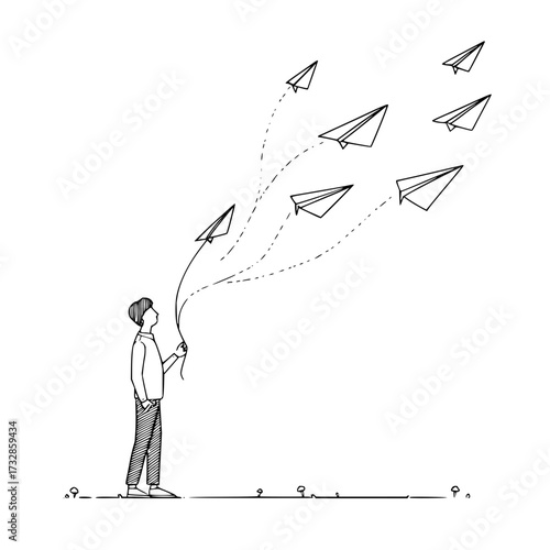 A person holding strings attached to paper airplanes flying upwards in a whimsical black and white drawing