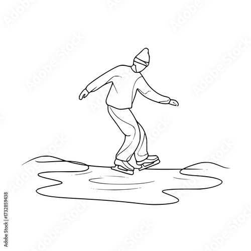 A person ice skating on a frozen pond wearing a hat and winter clothing in a simple line drawing style