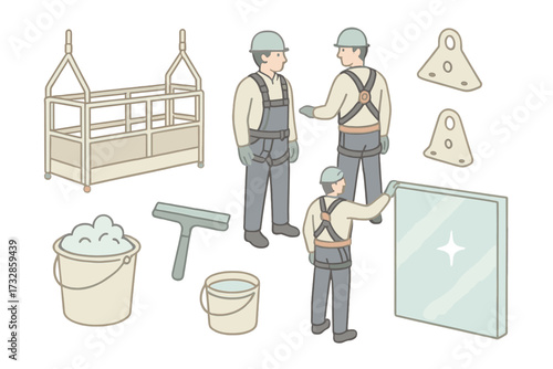 Facade Maintenance Setup. Isometric vector illustration set Glass Facade Maintenance Setup: suspended window cleaning platform,