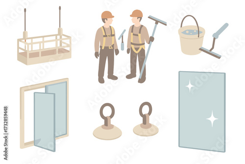 Facade Maintenance Setup. Isometric vector illustration set Glass Facade Maintenance Setup: suspended window cleaning platform,