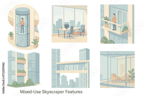 Isometric Skyscraper Features. Isometric vector illustration set Mixed-Use Skyscraper Features: glass elevator in mall atrium,