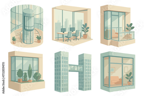 Isometric Skyscraper Features. Isometric vector illustration set Mixed-Use Skyscraper Features: glass elevator in mall atrium,