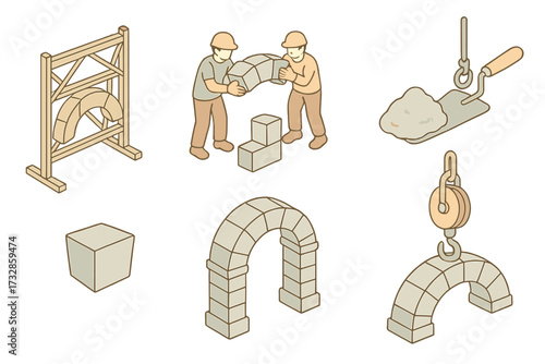 Arch Construction Process. Isometric vector illustration set Arch Assembly Process: wooden frame formwork, workers placing