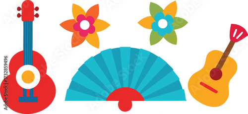 Hispanic heritage month vector icons spanish guitar fan flowers scalable eps illustration isolated on transparent background