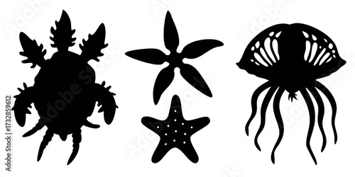 Vector Silhouette Set of Ocean Elements Starfish Sea Turtle and Jellyfish