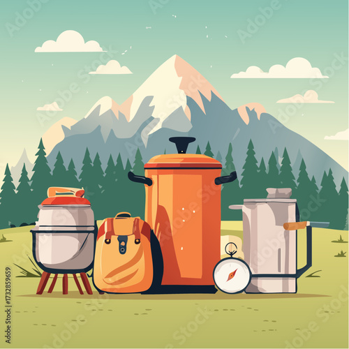 Camping essentials set against a scenic mountain backdrop, featuring a kettle, backpack, compass, and cooking pots, perfect for outdoor adventures