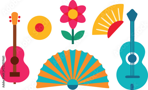 Hispanic heritage month vector icons guitar flower fan festive celebration elements eps isolated on transparent background
