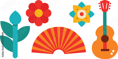 Hispanic heritage month icons vector illustration of guitar flowers fan and plant elements for design isolated on transparent background