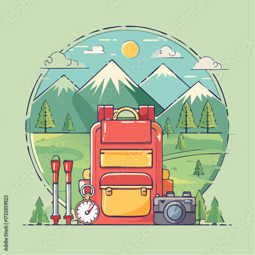 Embrace the Wild Hiking Adventure with Backpack, Trekking Poles, Camera and Compass in the Majestic Mountains Illustration