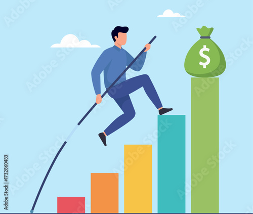 A businessman pole vaults up a rising bar chart, symbolizing financial growth, ambition, and overcoming challenges to achieve monetary success