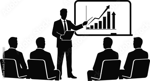 Business presentation illustration, corporate training vector, data growth chart, professional meeting scene, educational seminar artwork, black silhouette graphic