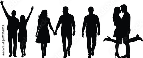 Couple silhouette icon set, romantic pose vector, black love illustration, relationship gesture artwork, affectionate companion graphic design