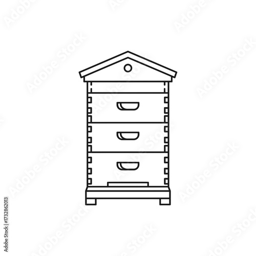 Bee hive represented in minimal outline. Bee hive is equipment for beekeeping with honeycombs for bees to live and produce honey. Line drawing bee hive for hobby apiarist. Minimalist,
