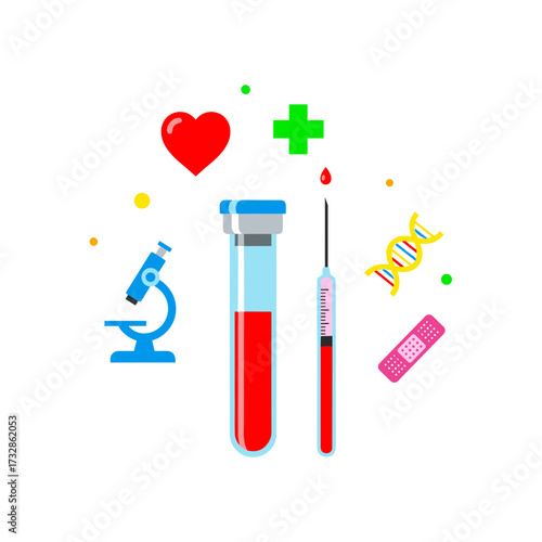 Illustrative medical test with blood sample in test tube and syringe for examination. Medical test includes microscope and dna strand. Concept medical test for pharmaceutical advertising,