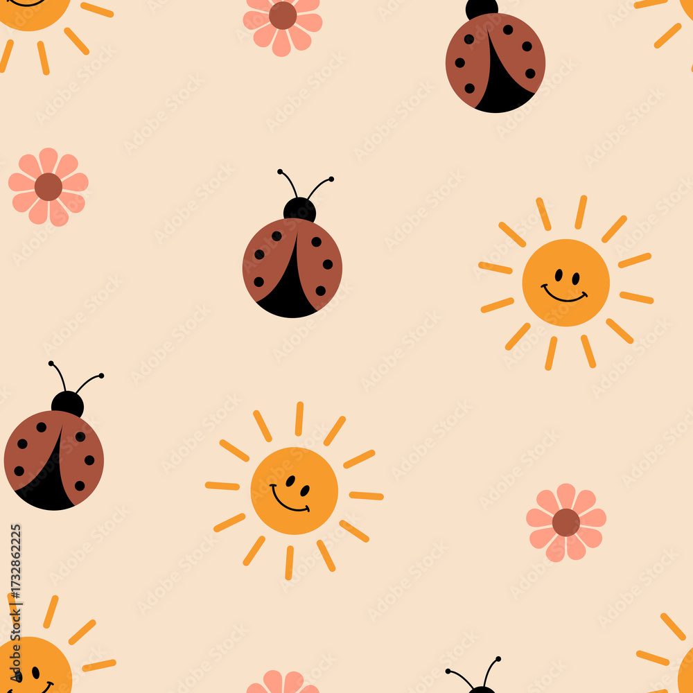 Fototapeta premium Retro Ladybug, Sun, and Daisy Pattern