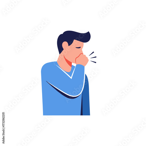Sick person coughing and covering their mouth with hand, symptom of illness, disease. Sick person suffering from cold, flu, infection; symptom shown by coughing. Concept sick person,