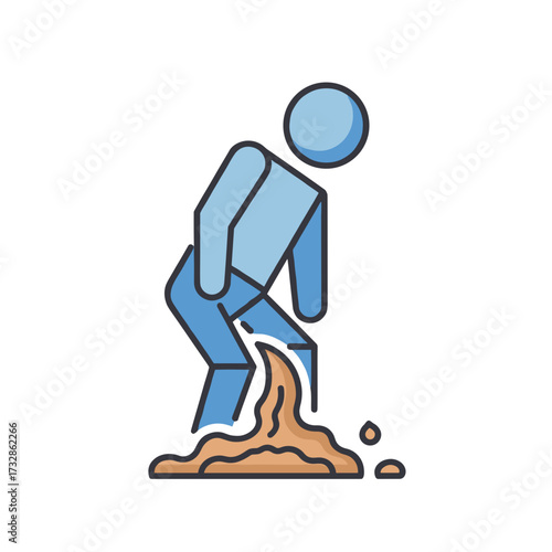 Urinary incontinence representation with puddle near man’s feet, depicting urinary incontinence. Urinary incontinence can be embarrassing.