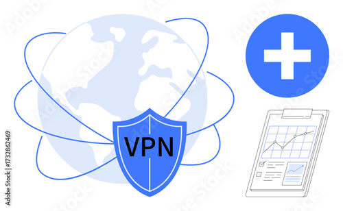 VPN shield overlaying globe with orbiting lines, document with analytics, and health-related cross. Ideal for cybersecurity, online privacy, data protection, remote work, global communication