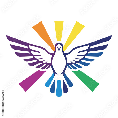 Holy Spirit dove illustration with wings spread and rainbow rays. Religious Holy Spirit symbol with colorful beams radiates brightly, representing hope and faith.