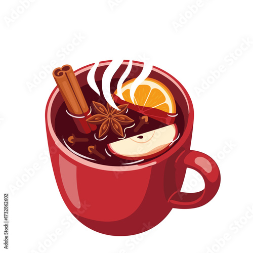 Delicious mug of mulled wine with anise, cinnamon stick, orange, and apple slice. Fragrant mug of mulled wine is perfect for holiday season, with spices.
