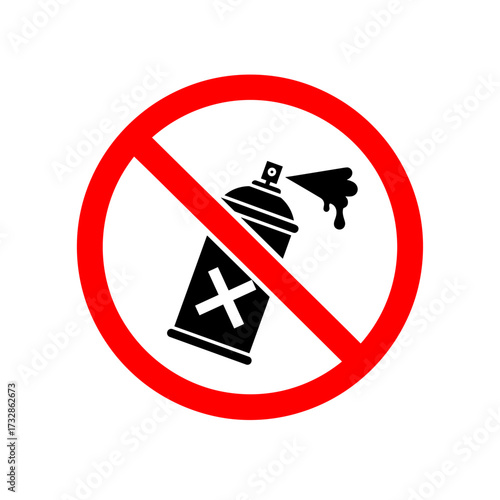 No spray paint image showing can with prohibition sign and black drops, suggesting restriction on graffiti or vandalism.