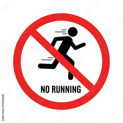 Black figure indicating no running allowed, with a bold red prohibition sign. No running is clearly indicated by text on clean white background.