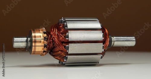 Armature or rotor of an electric motor with copper coil of small household appliance, namely from percussion massager, lies on white table and rotates on brown background