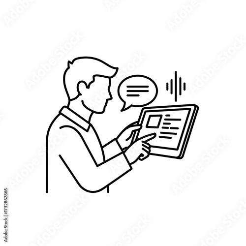 Person using digital tablet for voice assistant, showing speech recognition and processing information. Digital tablet in hands of person displays articles, data, and voice commands.