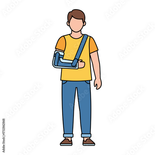 Person with arm cast shows blue cast and sling, depicting injury and healing. Person with arm cast needs medical attention, emphasizing recovery and healthcare support.