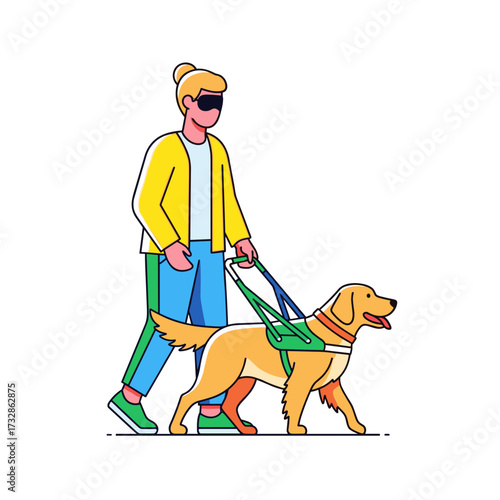 Guiding dog helping blind person with harness assisting with mobility. Service guiding dog providing support for vision impaired individual during walk, ensuring safety and independence.