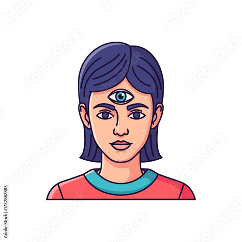 Third eye concept showing woman with mystic third eye, spiritual insight is depicted with open third eye, awareness represented by seeing eye. Depiction spiritual insight and inner vision.
