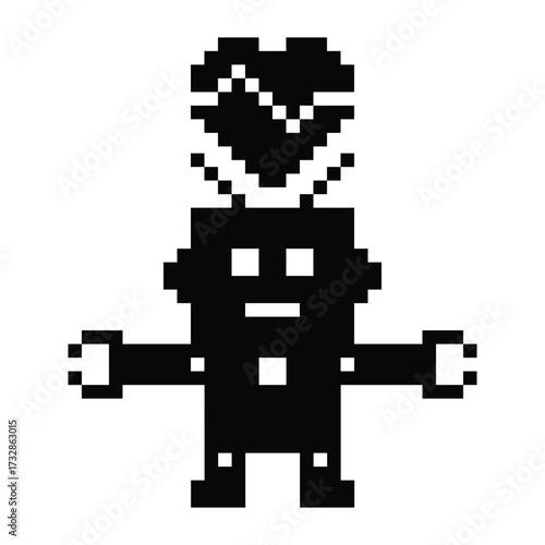 Cartoon cute pixel art of robot or ai learning skill robotic calculate chat bot robots vector character technology background 8 bit.