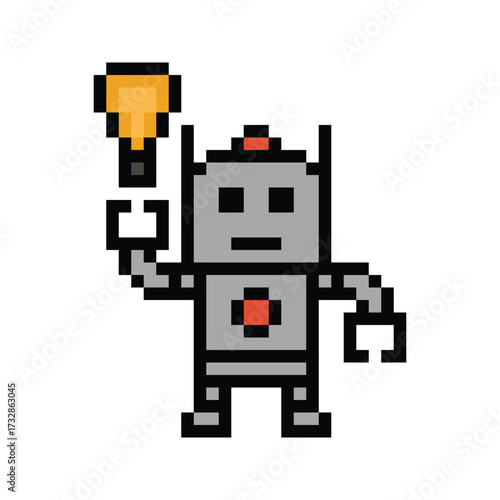 Cartoon cute pixel art of robot or ai learning skill robotic calculate chat bot robots vector character technology background 8 bit.