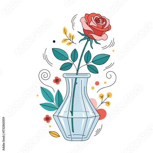 Vase with flower featuring single red rose, leaves, and decorative elements on transparent background, creating an appealing aesthetic, is ideal for expressing love.