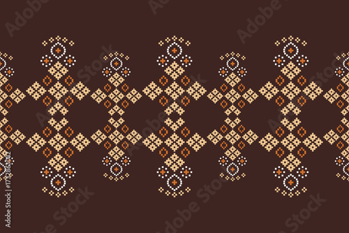 Fabric abstract pattern traditional ethnic motif geometric with cross stitch design embroidery oriental pixel brown color background vector decoration wallpaper.