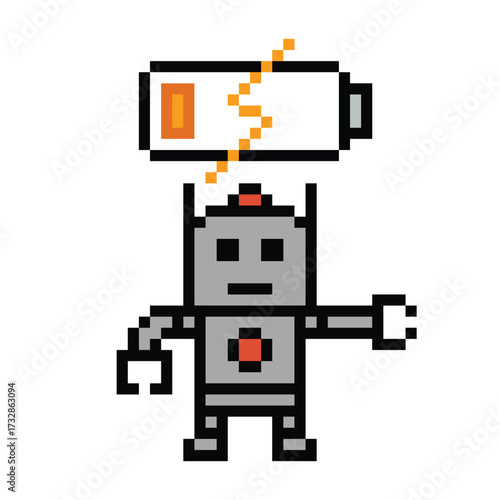Cartoon cute pixel art of robot or ai learning skill robotic calculate chat bot robots vector character technology background 8 bit.