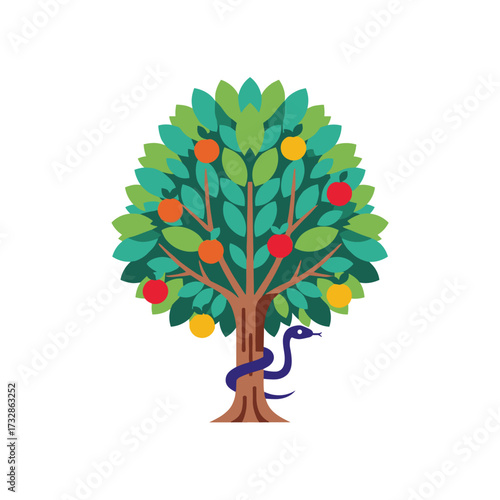 Tree of knowledge, adorned with vibrant apples and lush green leaves, symbolizes wisdom and temptation. Tree of knowledge, with snake entwined around its trunk, evokes biblical themes,