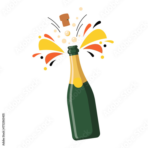 Champagne bottle pop with exploding cork and colorful splash for celebration. Champagne bottle pop gives festive surprise, perfect for celebratory events.