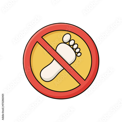 No barefoot sign indicates restricted access, displaying a crossed-out foot symbol against a yellow background. No barefoot symbol acts as visual guidance, communicating barefoot prohibition,