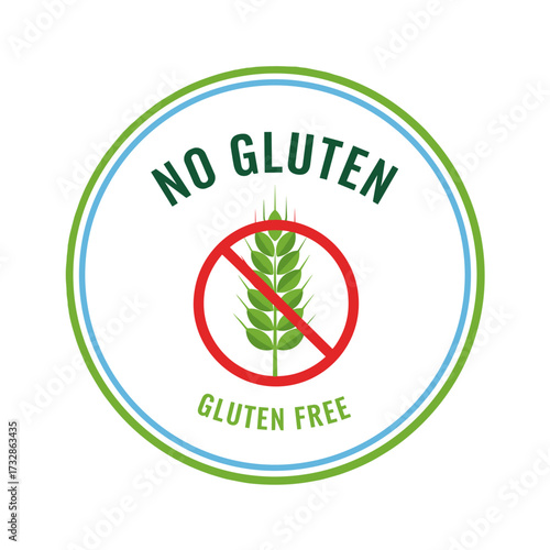 No gluten sticker displays wheat ear with restriction sign, indicating gluten-free food choices.
