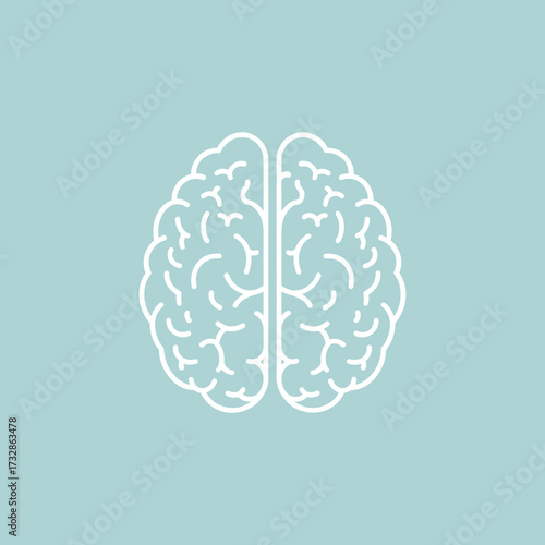 Minimalist brain illustration on light blue background is clean and crisp. Conceptual outline brain design embodies intelligence and mindfulness.