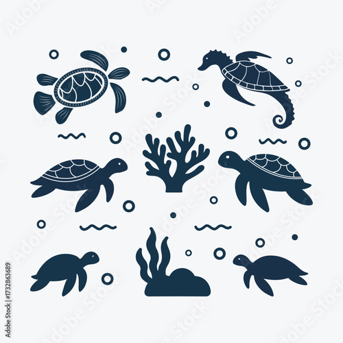 Charming silhouette illustrations of sea turtles and ocean life